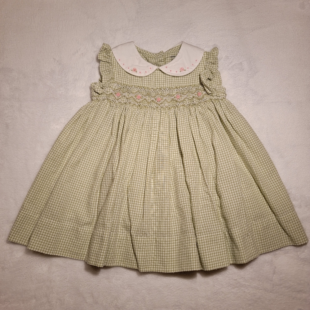 CARTER'S ♡ 2pc Lime Green 'n Cream Mini Check Smocked Floral Dress Outfit NB